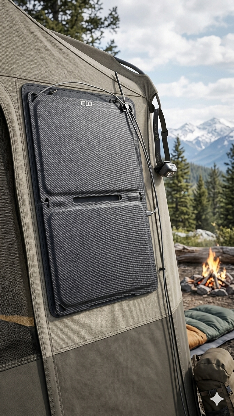 Solar panel attached to a tent in the backcountry