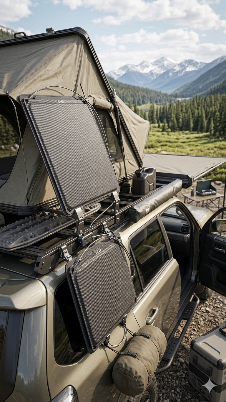 ELO 100W foldable solar panels deployed on the roof rack of an overland vehicle in a mountain valley.